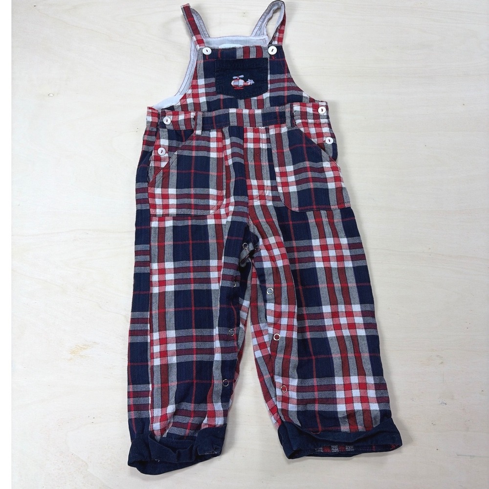 La Fleur & Le Papillon Toddler Plaid Overalls 24M Red Navy Cotton Helicopter
